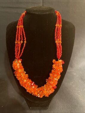 Orange-Red Beaded Statement Necklace by B.T. Jeweled